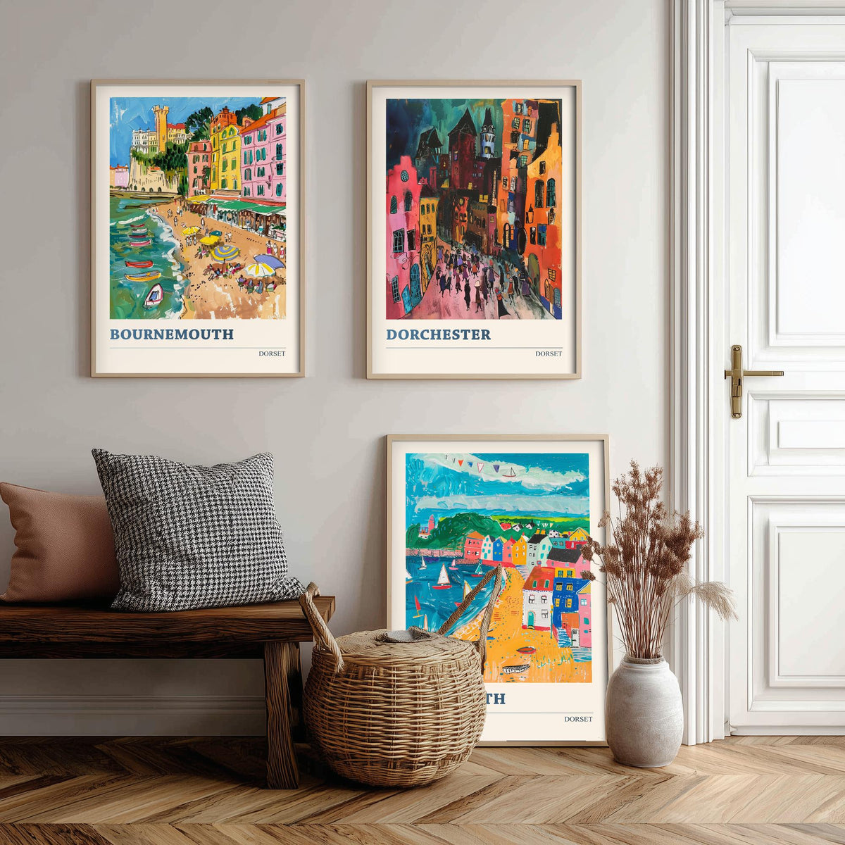 Dorset Set of Three Prints V2 | Bournemouth Dorchester Weymouth | Bold Expressive Coastal Travel Painting Wall Poster