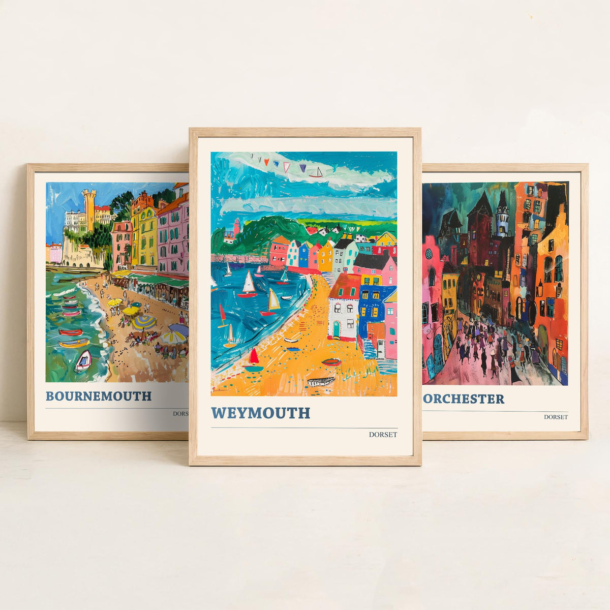 Dorset Set of Three Prints V2 | Bournemouth Dorchester Weymouth | Bold Expressive Coastal Travel Painting Wall Poster