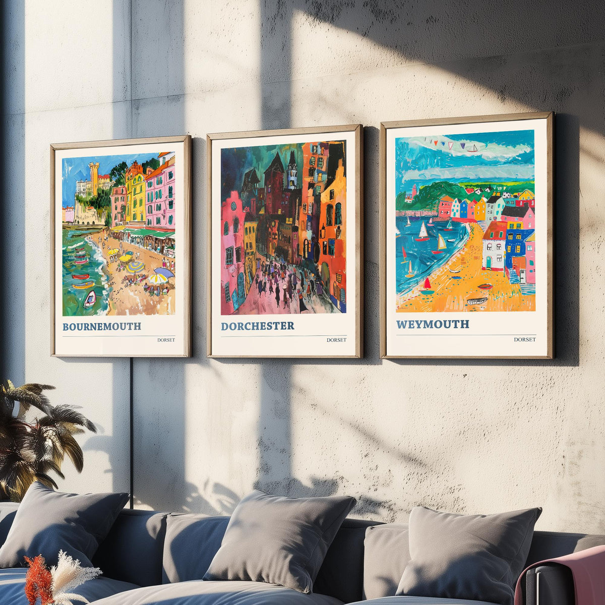 Dorset Set of Three Prints V2 | Bournemouth Dorchester Weymouth | Bold Expressive Coastal Travel Painting Wall Poster