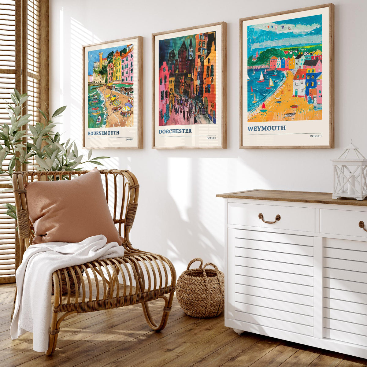 Dorset Set of Three Prints V2 | Bournemouth Dorchester Weymouth | Bold Expressive Coastal Travel Painting Wall Poster