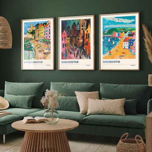 Dorset Set of Three Prints V2 | Bournemouth Dorchester Weymouth | Bold Expressive Coastal Travel Painting Wall Poster