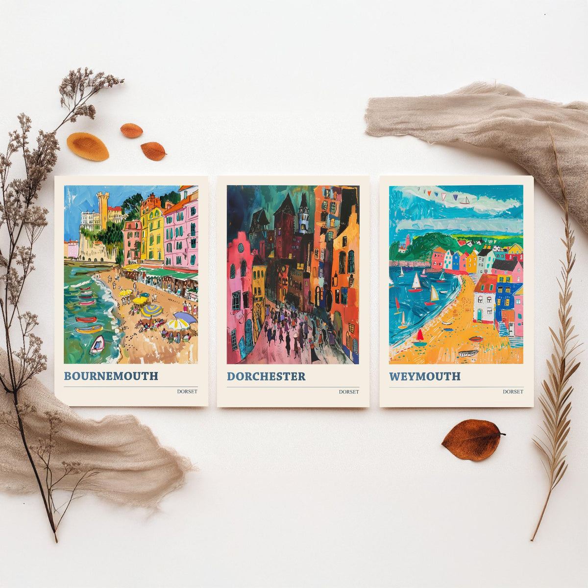 Dorset Set of Three Prints V2 | Bournemouth Dorchester Weymouth | Bold Expressive Coastal Travel Painting Wall Poster