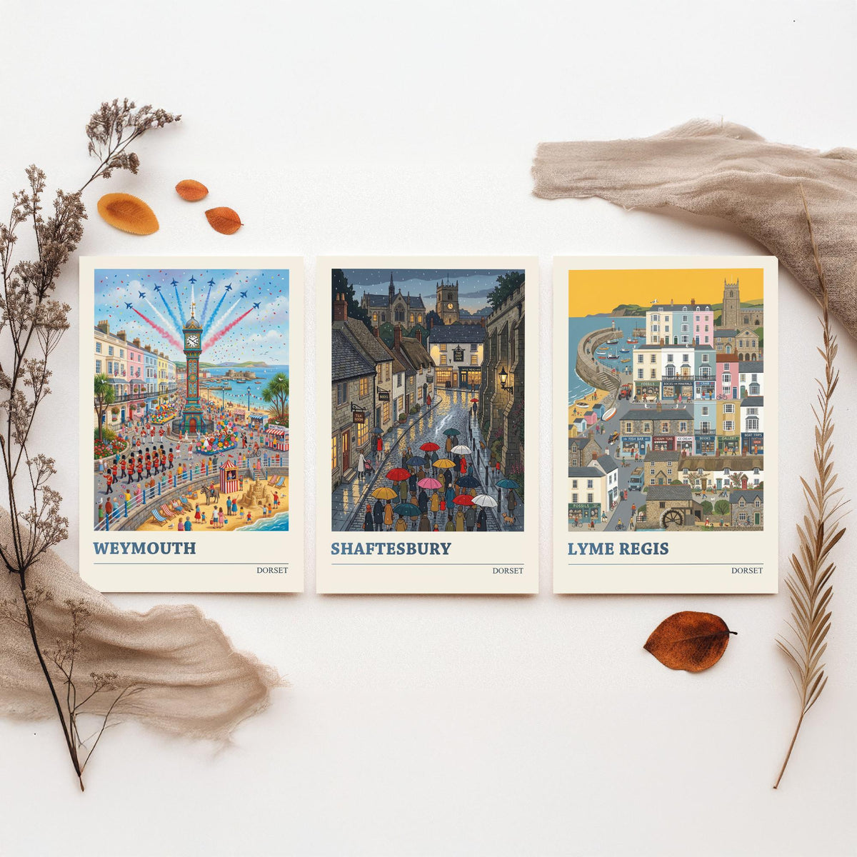 Dorset Set of Three Art Prints - Weymouth, Shaftesbury, Lyme Regis - 3 Colourful Folk Illustration Travel Posters - Dorset Painting