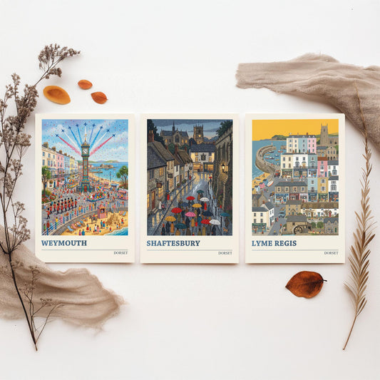Dorset Set of Three Art Prints - Weymouth, Shaftesbury, Lyme Regis - 3 Colourful Folk Illustration Travel Posters - Dorset Painting
