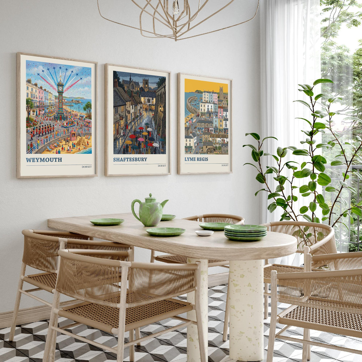 Dorset Set of Three Art Prints - Weymouth, Shaftesbury, Lyme Regis - 3 Colourful Folk Illustration Travel Posters - Dorset Painting