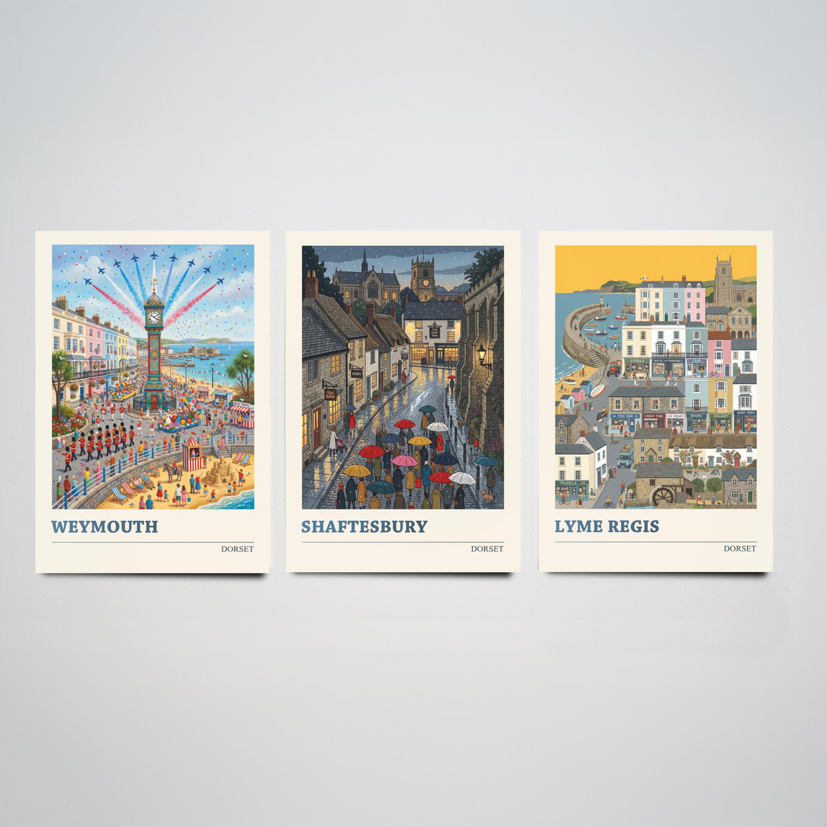 Dorset Set of Three Art Prints - Weymouth, Shaftesbury, Lyme Regis - 3 Colourful Folk Illustration Travel Posters - Dorset Painting