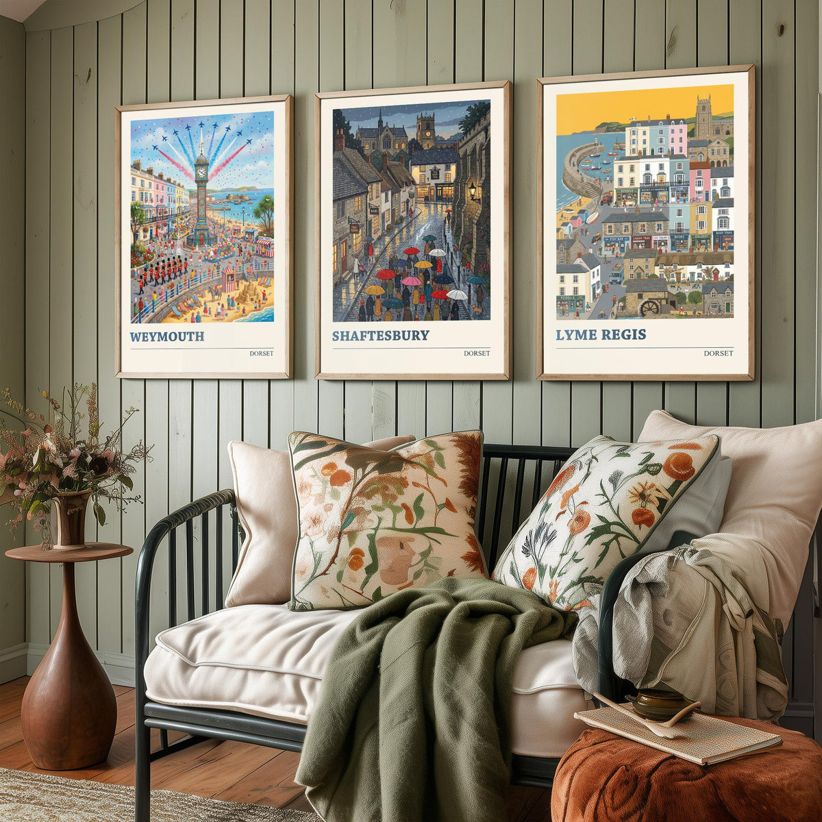 Dorset Set of Three Art Prints - Weymouth, Shaftesbury, Lyme Regis - 3 Colourful Folk Illustration Travel Posters - Dorset Painting