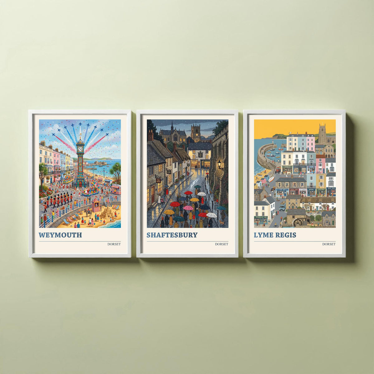 Dorset Set of Three Art Prints - Weymouth, Shaftesbury, Lyme Regis - 3 Colourful Folk Illustration Travel Posters - Dorset Painting
