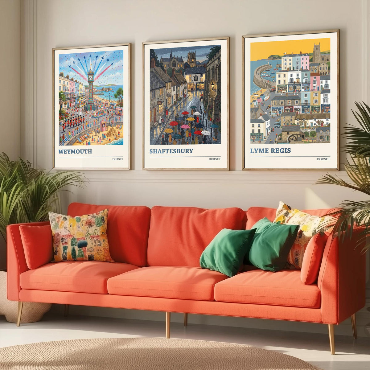 Dorset Set of Three Art Prints - Weymouth, Shaftesbury, Lyme Regis - 3 Colourful Folk Illustration Travel Posters - Dorset Painting