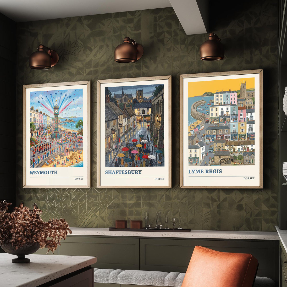 Dorset Set of Three Art Prints - Weymouth, Shaftesbury, Lyme Regis - 3 Colourful Folk Illustration Travel Posters - Dorset Painting
