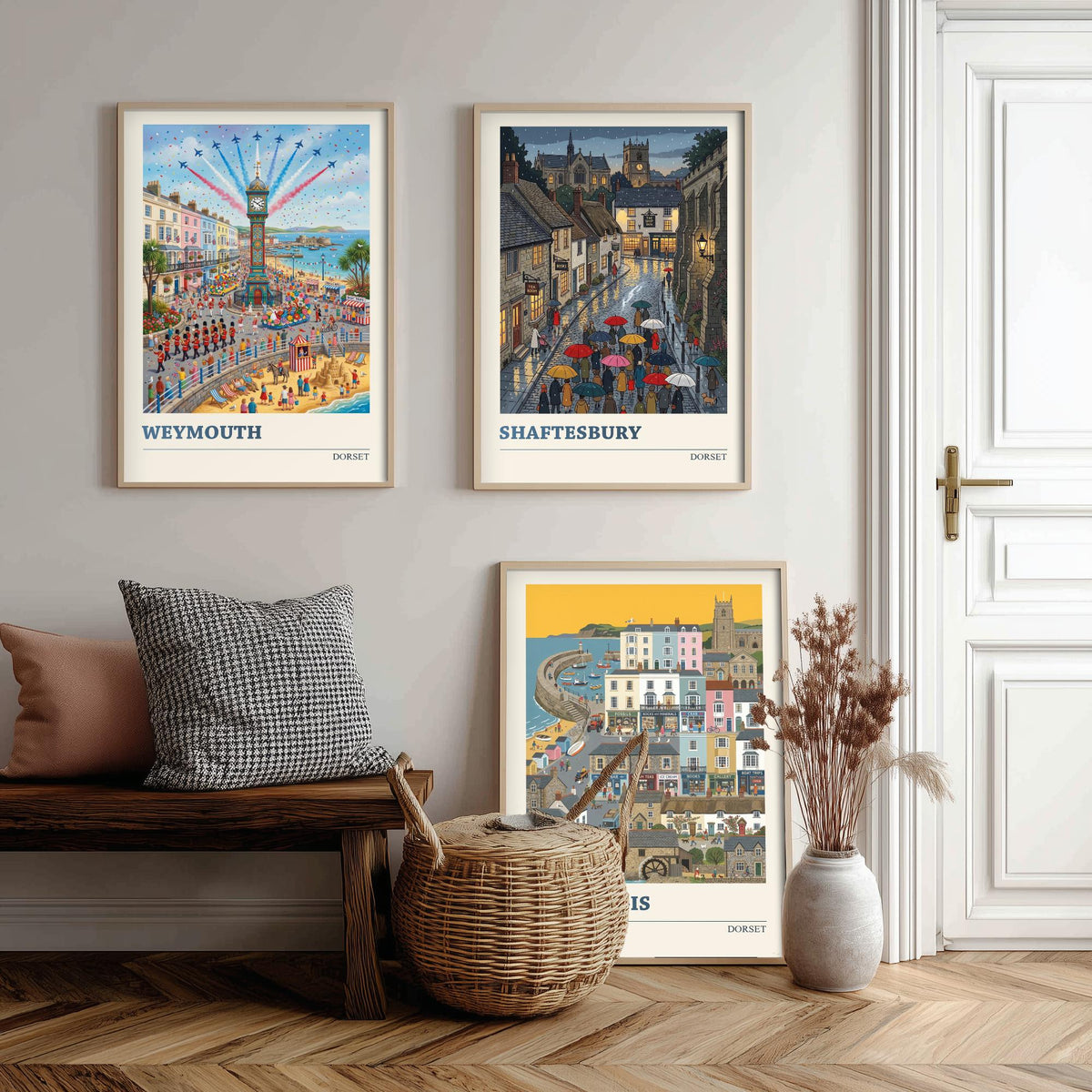 Dorset Set of Three Art Prints - Weymouth, Shaftesbury, Lyme Regis - 3 Colourful Folk Illustration Travel Posters - Dorset Painting