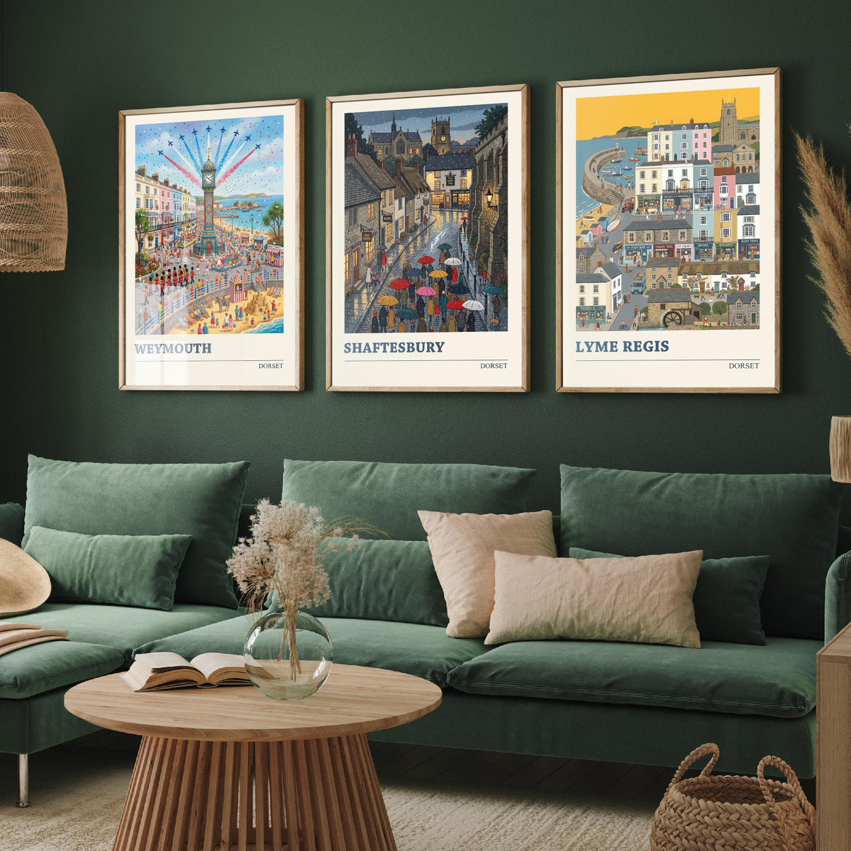Dorset Set of Three Art Prints - Weymouth, Shaftesbury, Lyme Regis - 3 Colourful Folk Illustration Travel Posters - Dorset Painting