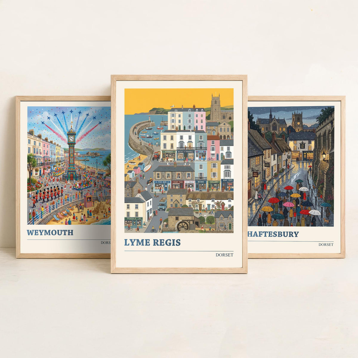 Dorset Set of Three Art Prints - Weymouth, Shaftesbury, Lyme Regis - 3 Colourful Folk Illustration Travel Posters - Dorset Painting