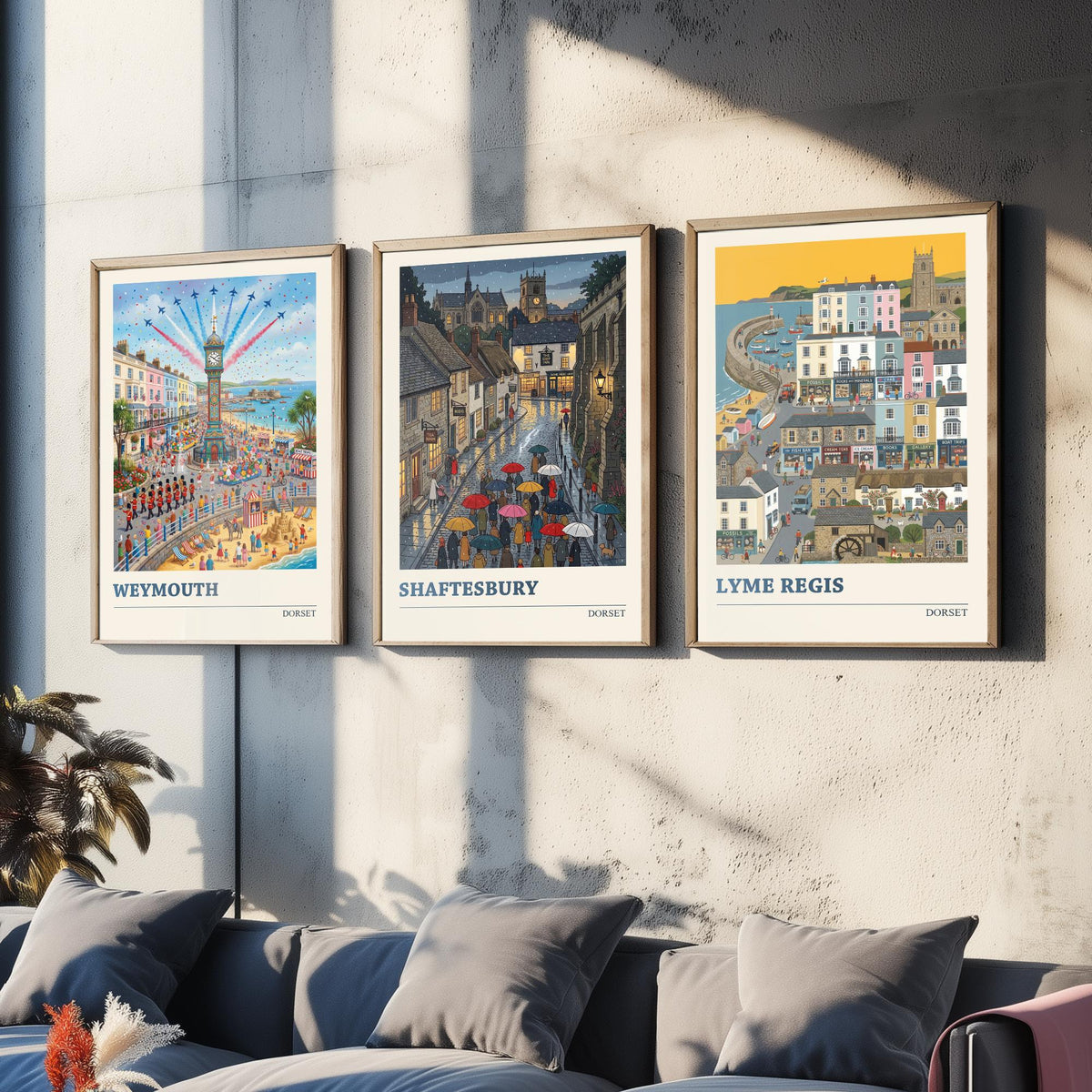 Dorset Set of Three Art Prints - Weymouth, Shaftesbury, Lyme Regis - 3 Colourful Folk Illustration Travel Posters - Dorset Painting