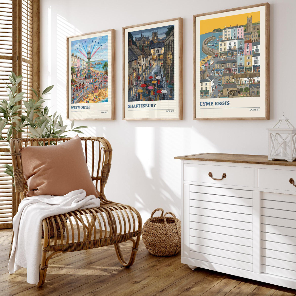 Dorset Set of Three Art Prints - Weymouth, Shaftesbury, Lyme Regis - 3 Colourful Folk Illustration Travel Posters - Dorset Painting