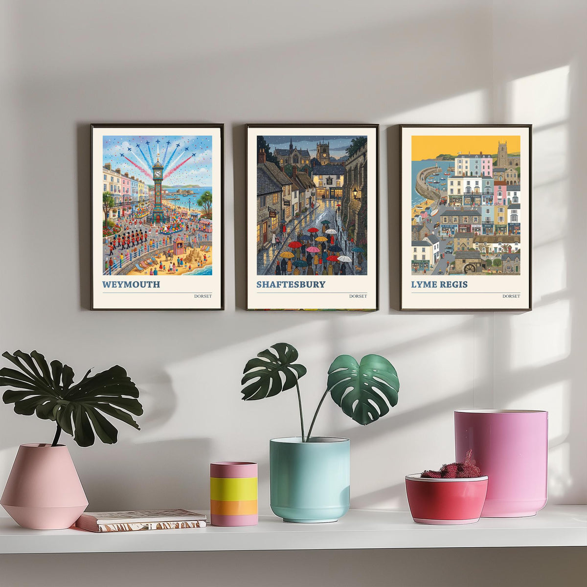 Dorset Set of Three Art Prints - Weymouth, Shaftesbury, Lyme Regis - 3 Colourful Folk Illustration Travel Posters - Dorset Painting