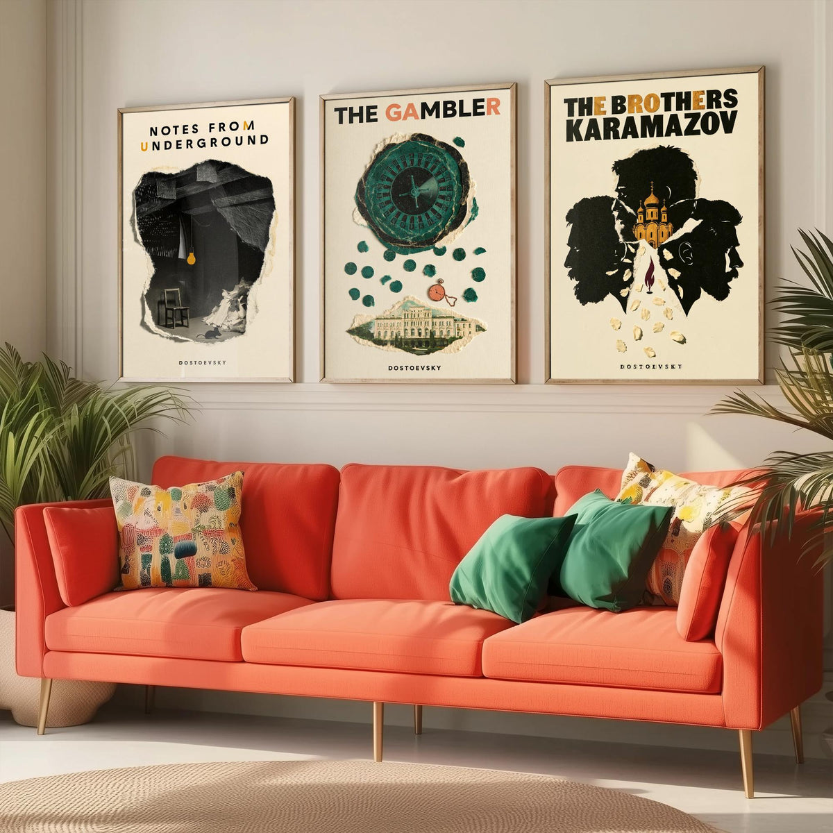 Dostoevsky Book Cover Set of Three Prints - Notes from Underground, The Gambler, The Brothers Karamazov - Retro Collage Illustration Posters