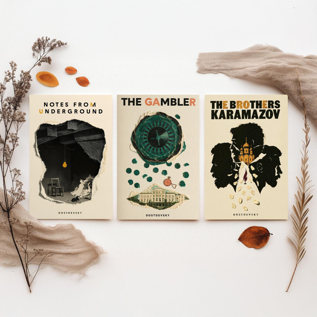 Dostoevsky Book Cover Set of Three Prints - Notes from Underground, The Gambler, The Brothers Karamazov - Retro Collage Illustration Posters