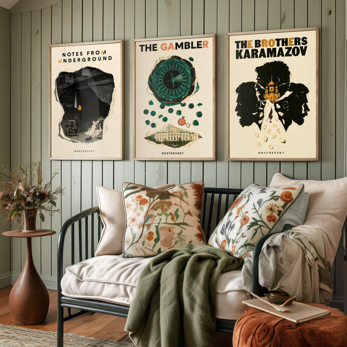 Dostoevsky Book Cover Set of Three Prints - Notes from Underground, The Gambler, The Brothers Karamazov - Retro Collage Illustration Posters