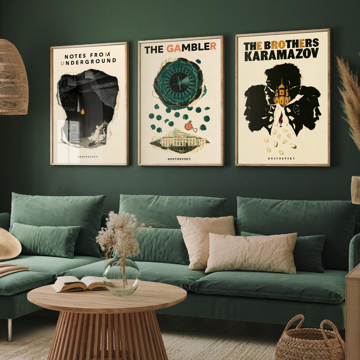 Dostoevsky Book Cover Set of Three Prints - Notes from Underground, The Gambler, The Brothers Karamazov - Retro Collage Illustration Posters
