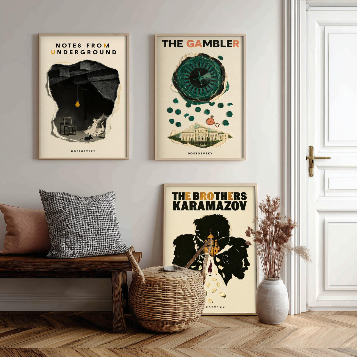 Dostoevsky Book Cover Set of Three Prints - Notes from Underground, The Gambler, The Brothers Karamazov - Retro Collage Illustration Posters