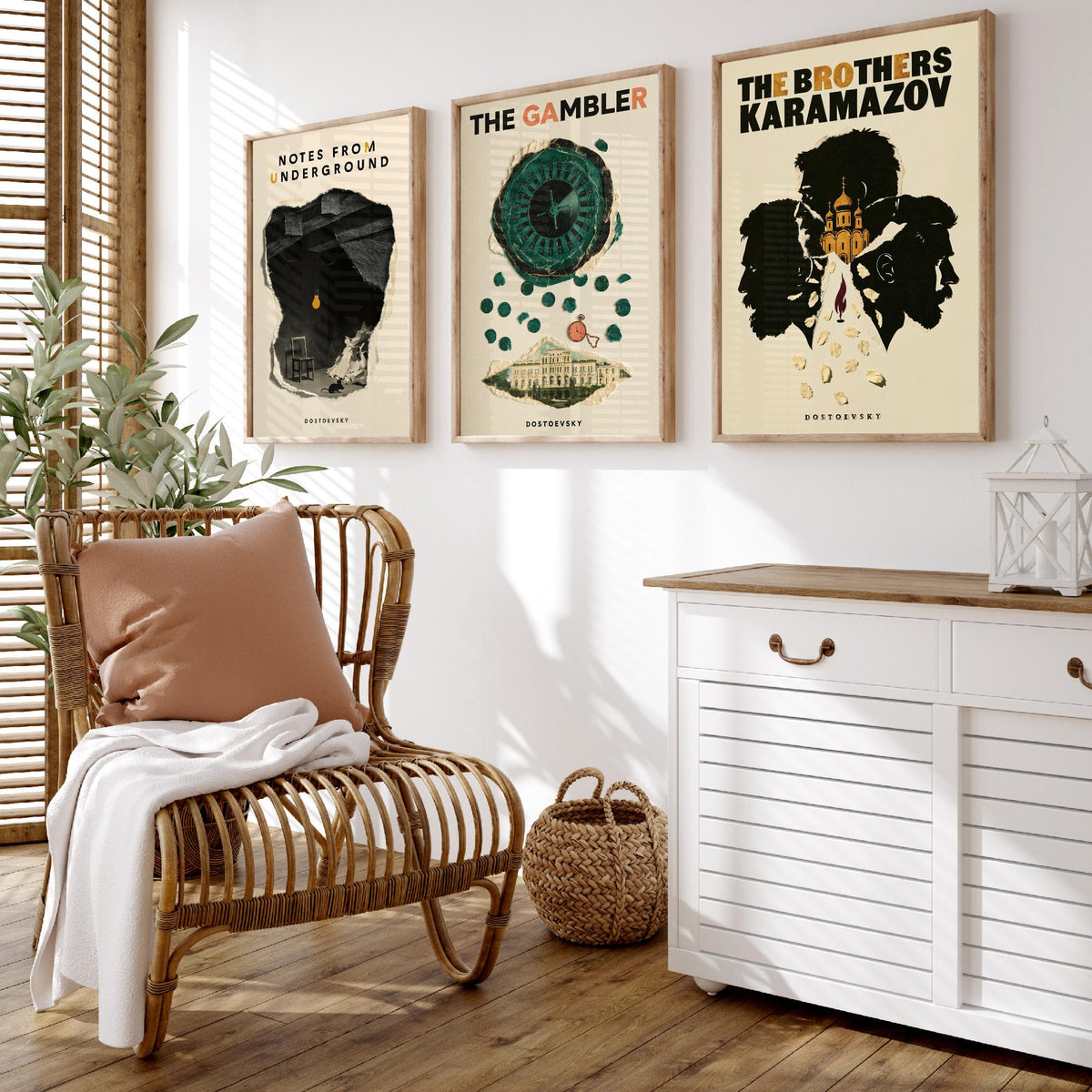 Dostoevsky Book Cover Set of Three Prints - Notes from Underground, The Gambler, The Brothers Karamazov - Retro Collage Illustration Posters