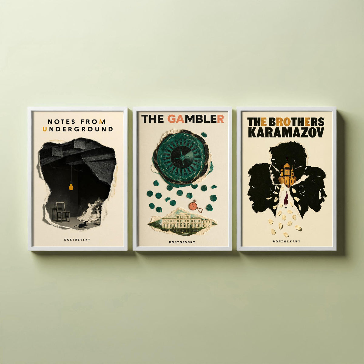 Dostoevsky Book Cover Set of Three Prints - Notes from Underground, The Gambler, The Brothers Karamazov - Retro Collage Illustration Posters