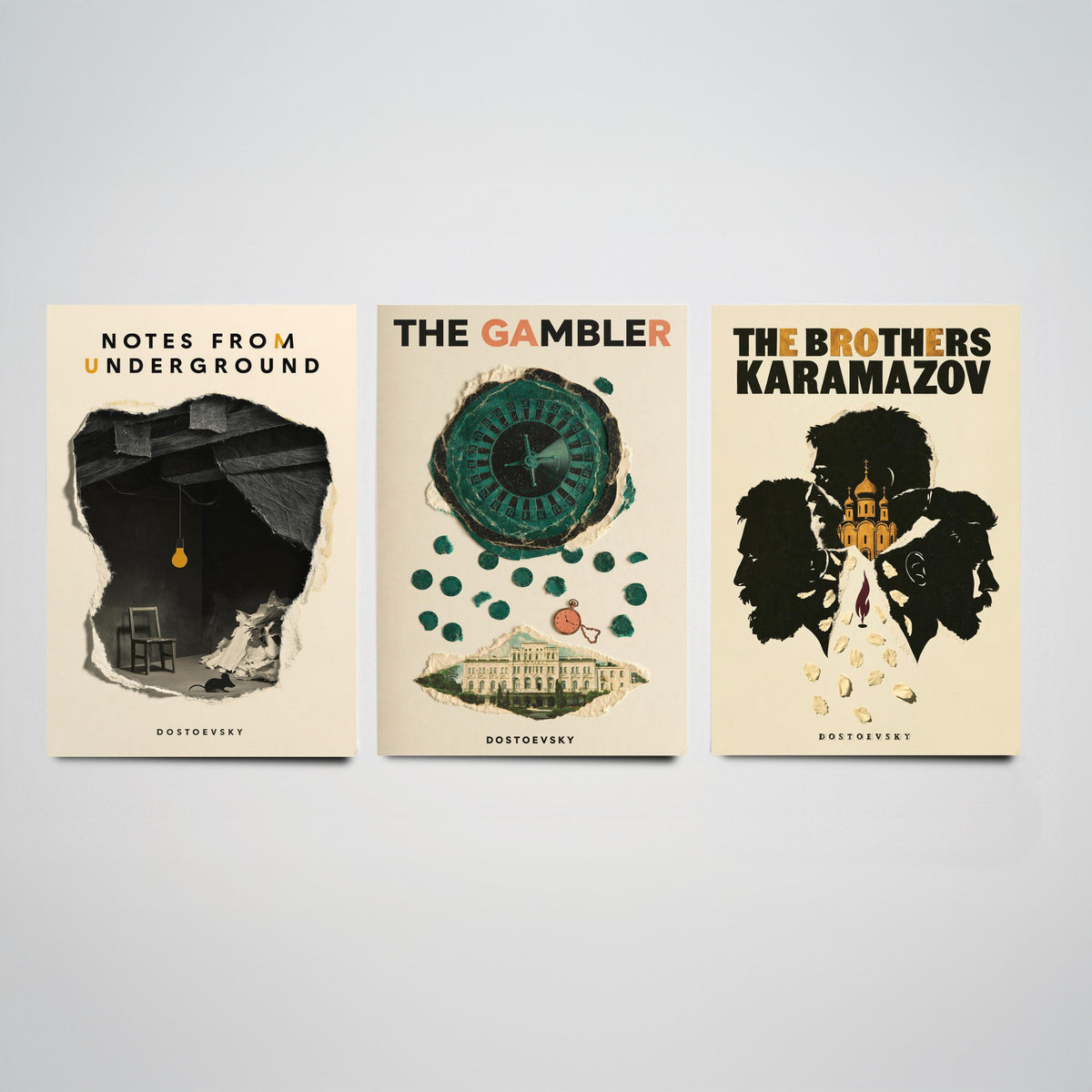 Dostoevsky Book Cover Set of Three Prints - Notes from Underground, The Gambler, The Brothers Karamazov - Retro Collage Illustration Posters