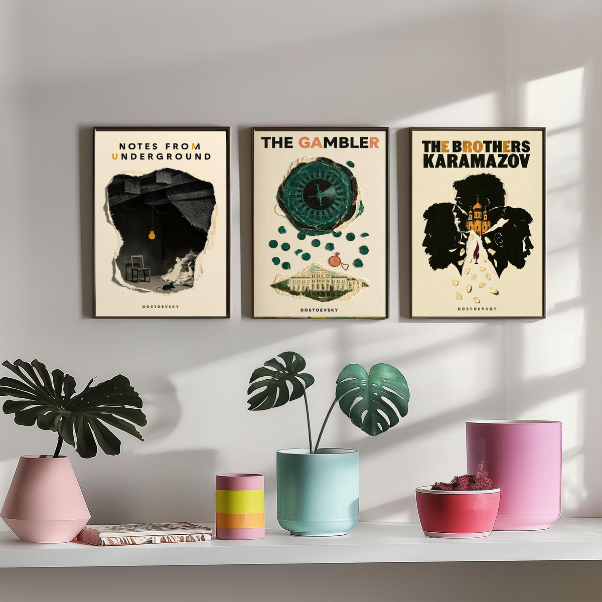 Dostoevsky Book Cover Set of Three Prints - Notes from Underground, The Gambler, The Brothers Karamazov - Retro Collage Illustration Posters