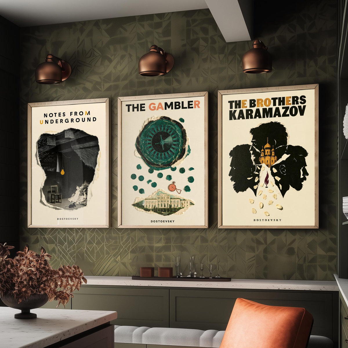 Dostoevsky Book Cover Set of Three Prints - Notes from Underground, The Gambler, The Brothers Karamazov - Retro Collage Illustration Posters