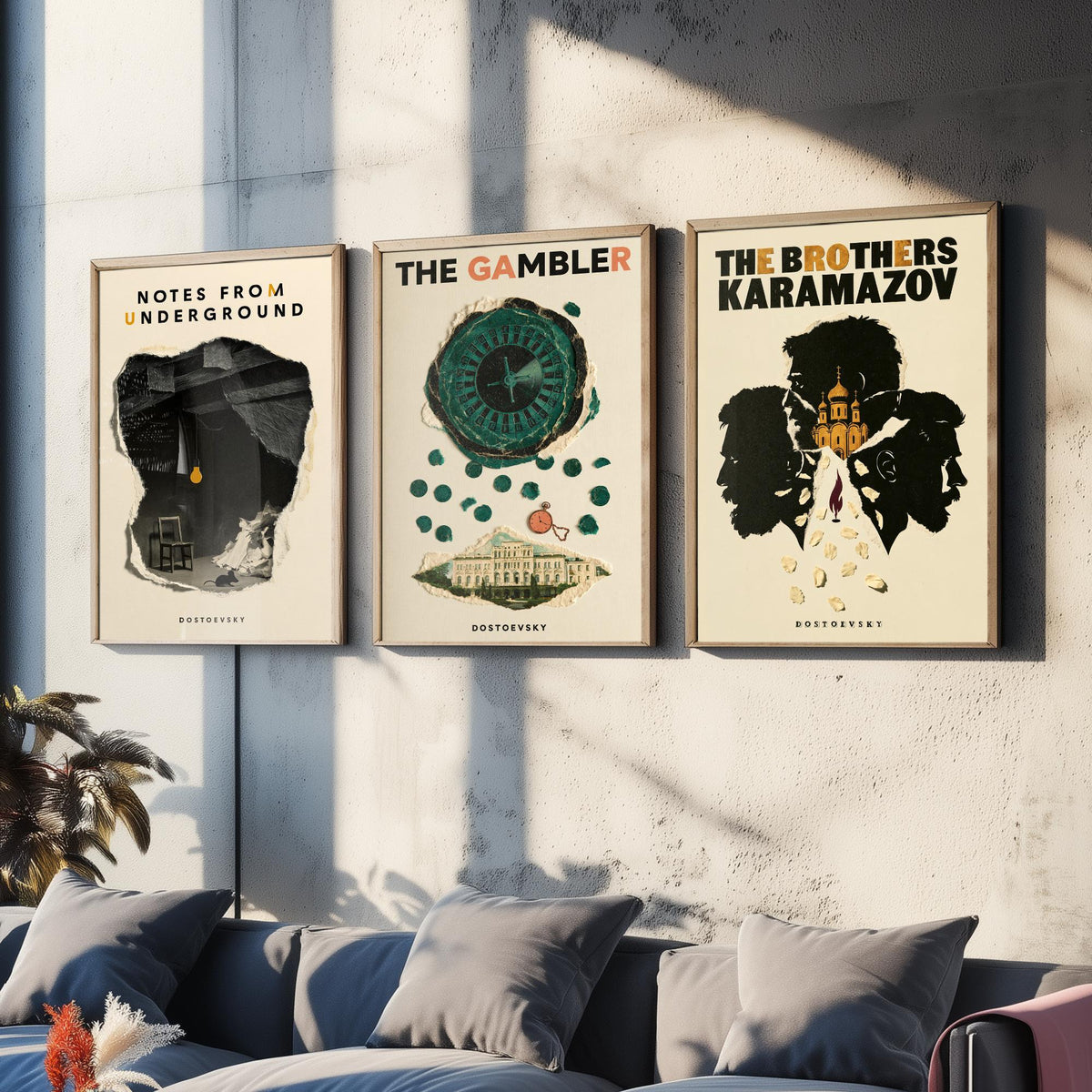 Dostoevsky Book Cover Set of Three Prints - Notes from Underground, The Gambler, The Brothers Karamazov - Retro Collage Illustration Posters