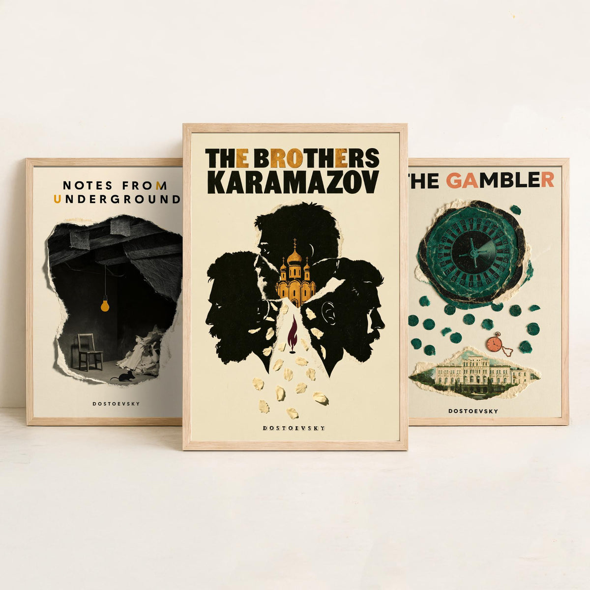 Dostoevsky Book Cover Set of Three Prints - Notes from Underground, The Gambler, The Brothers Karamazov - Retro Collage Illustration Posters