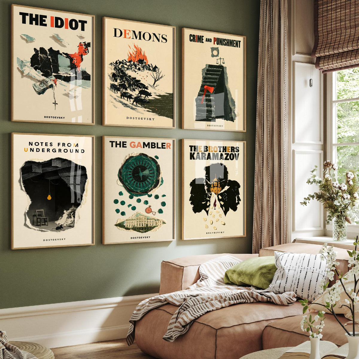 Set of Six Dostoevsky Book Cover Art Prints - 6 Retro Papercut Collage Illustration Posters - The Idiot to Crime and Punishment