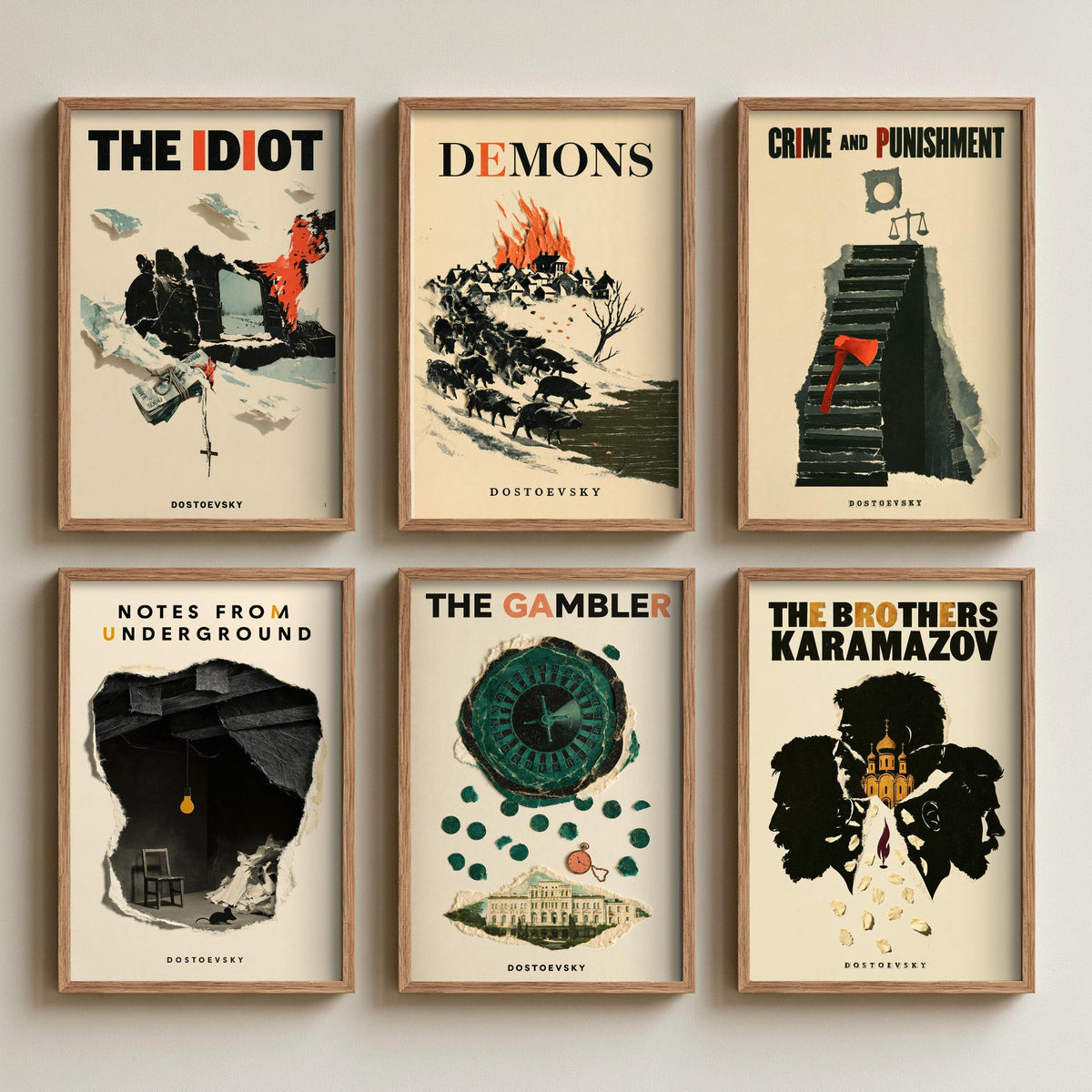 Set of Six Dostoevsky Book Cover Art Prints - 6 Retro Papercut Collage Illustration Posters - The Idiot to Crime and Punishment
