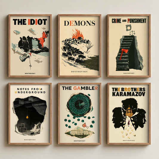 Set of Six Dostoevsky Book Cover Art Prints - 6 Retro Papercut Collage Illustration Posters - The Idiot to Crime and Punishment