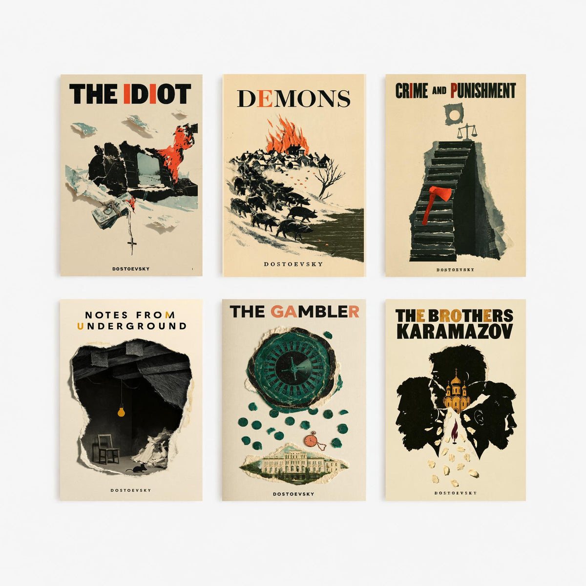 Set of Six Dostoevsky Book Cover Art Prints - 6 Retro Papercut Collage Illustration Posters - The Idiot to Crime and Punishment