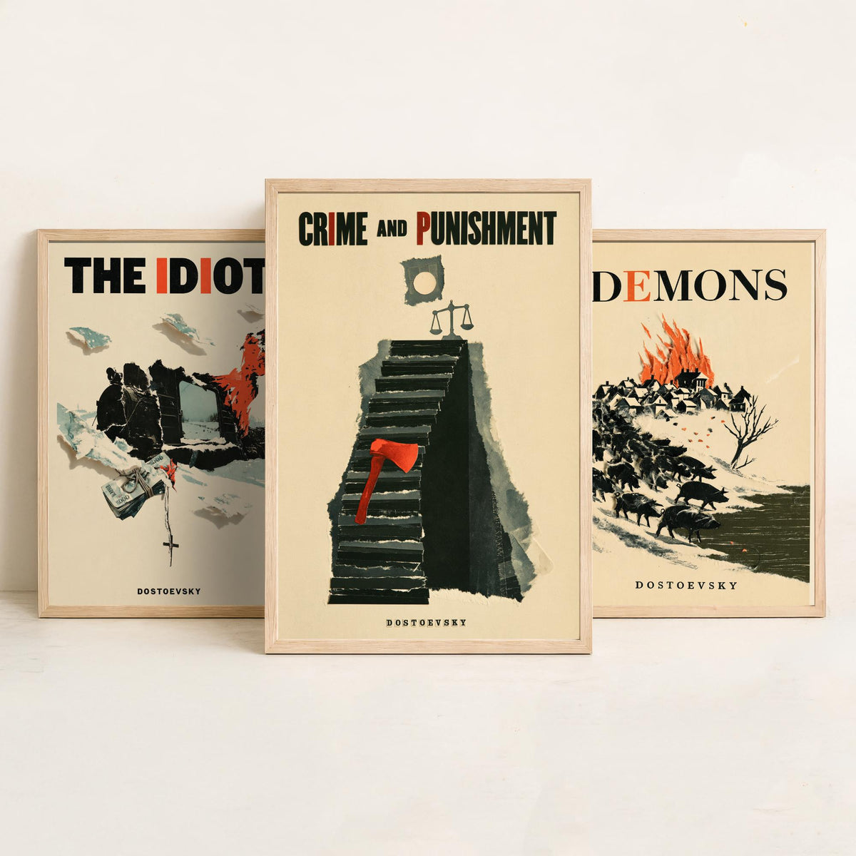 Dostoevsky Book Cover Set of Three Prints - The Idiot, Demons, Crime and Punishment - Retro Papercut Collage Illustration Posters