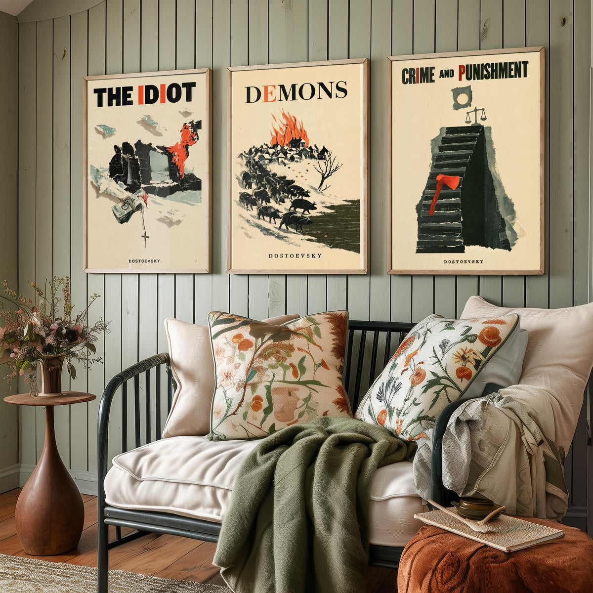 Dostoevsky Book Cover Set of Three Prints - The Idiot, Demons, Crime and Punishment - Retro Papercut Collage Illustration Posters