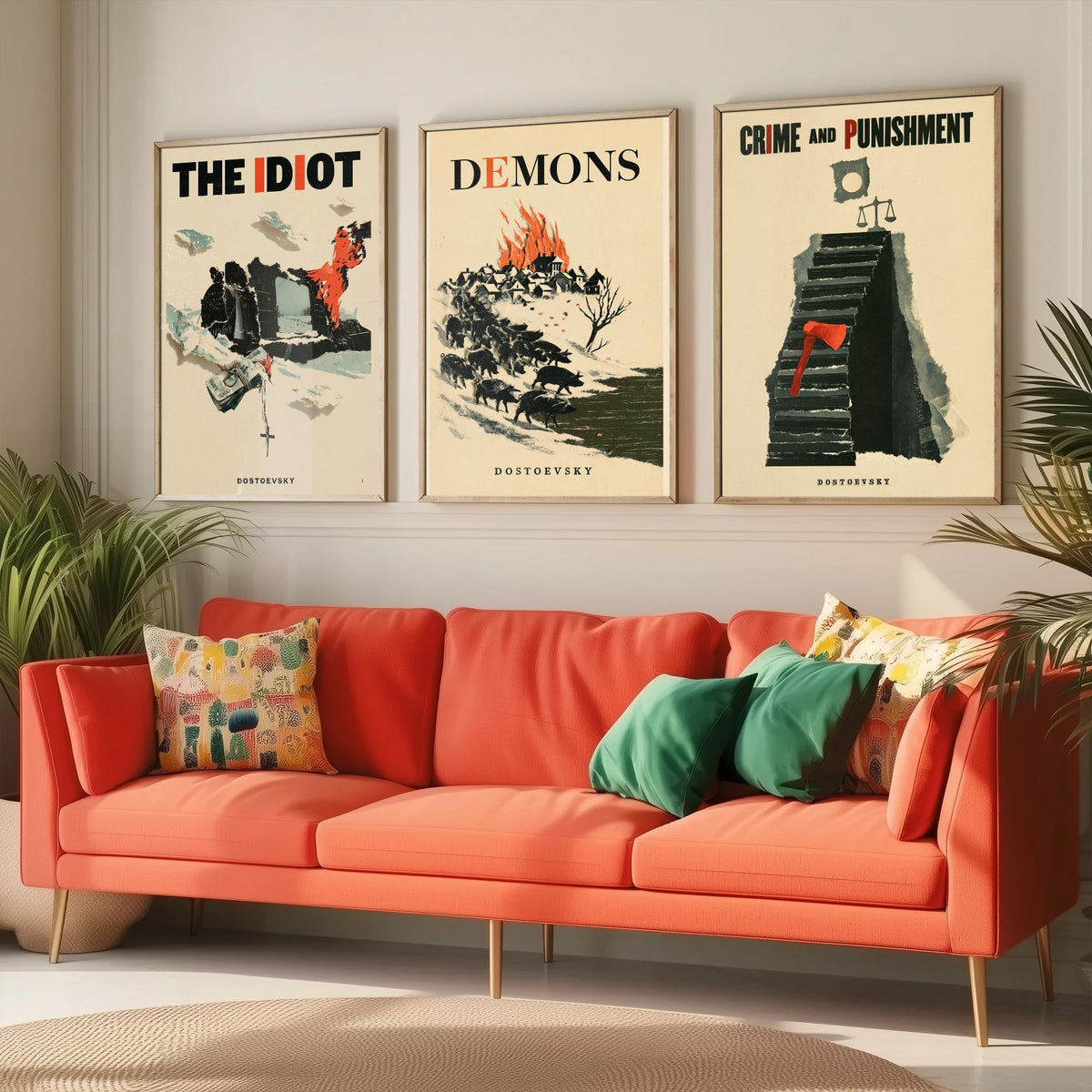 Dostoevsky Book Cover Set of Three Prints - The Idiot, Demons, Crime and Punishment - Retro Papercut Collage Illustration Posters