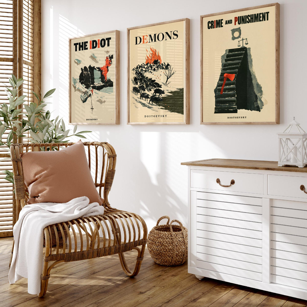 Dostoevsky Book Cover Set of Three Prints - The Idiot, Demons, Crime and Punishment - Retro Papercut Collage Illustration Posters