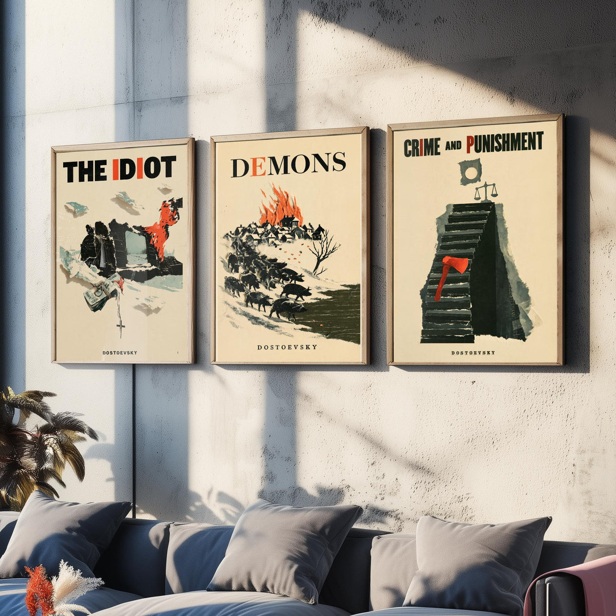 Dostoevsky Book Cover Set of Three Prints - The Idiot, Demons, Crime and Punishment - Retro Papercut Collage Illustration Posters