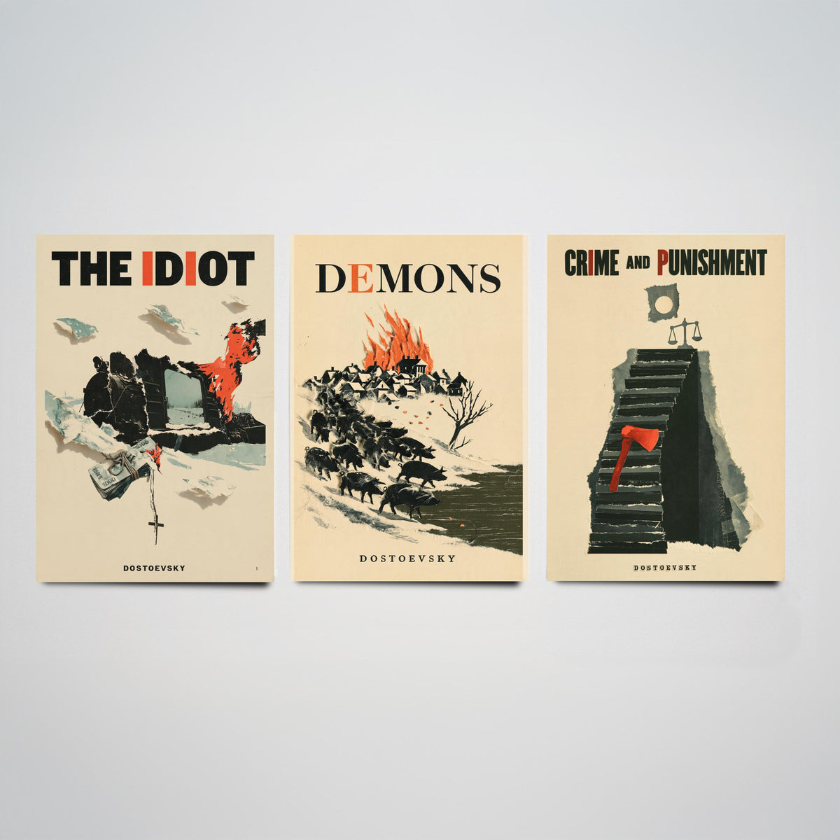 Dostoevsky Book Cover Set of Three Prints - The Idiot, Demons, Crime and Punishment - Retro Papercut Collage Illustration Posters