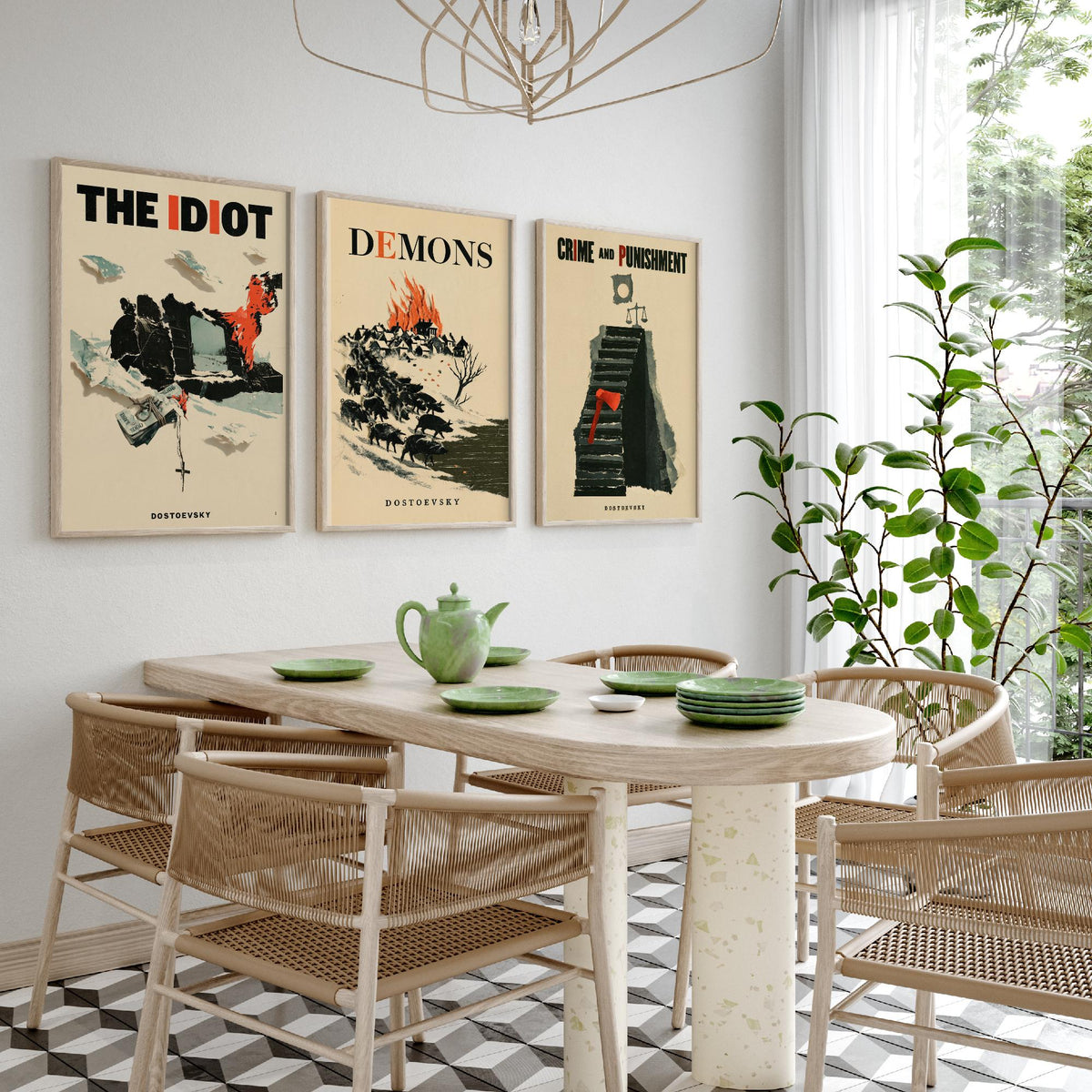 Dostoevsky Book Cover Set of Three Prints - The Idiot, Demons, Crime and Punishment - Retro Papercut Collage Illustration Posters