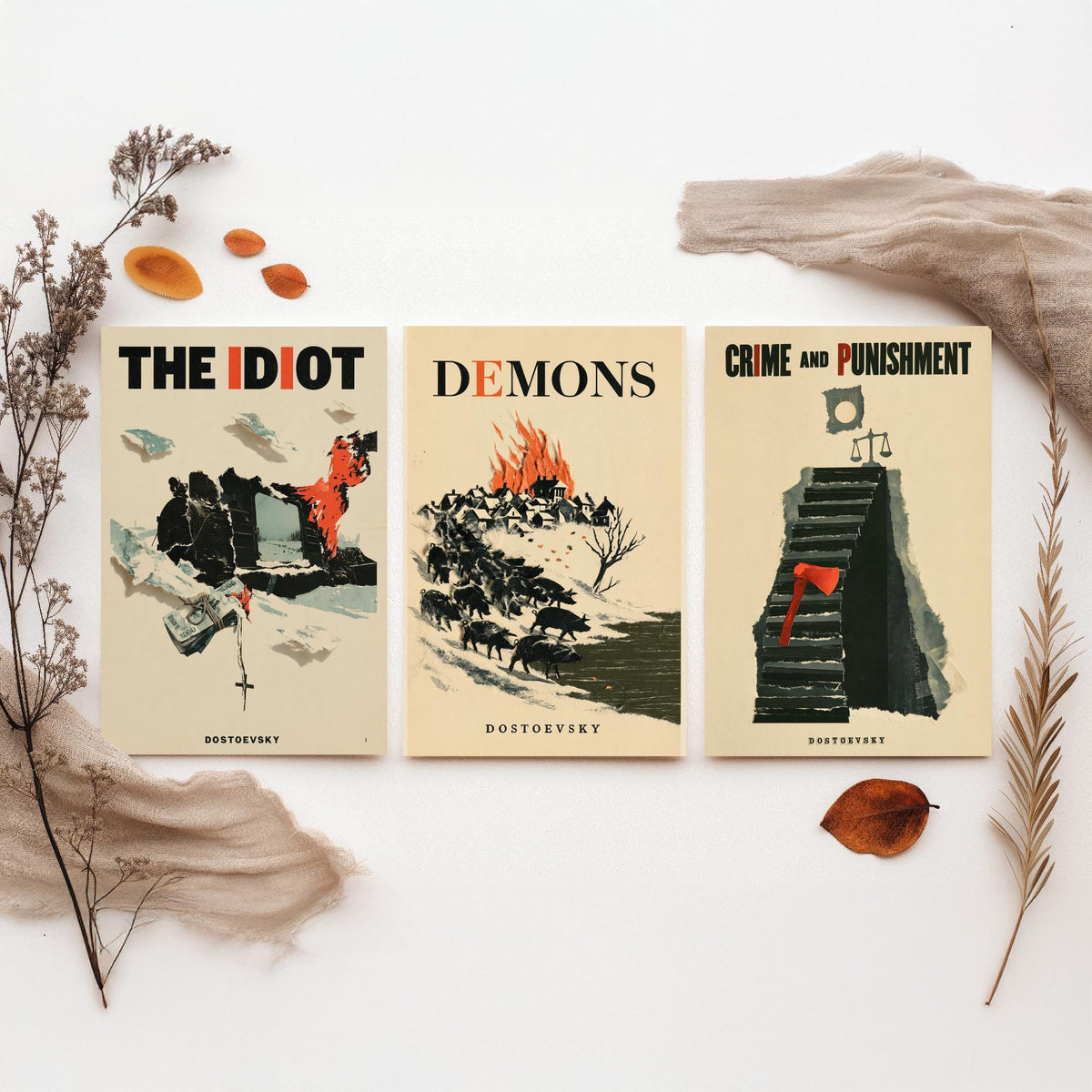 Dostoevsky Book Cover Set of Three Prints - The Idiot, Demons, Crime and Punishment - Retro Papercut Collage Illustration Posters