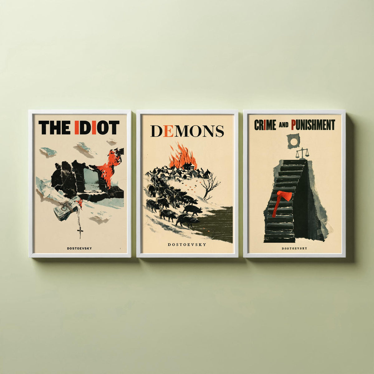 Dostoevsky Book Cover Set of Three Prints - The Idiot, Demons, Crime and Punishment - Retro Papercut Collage Illustration Posters