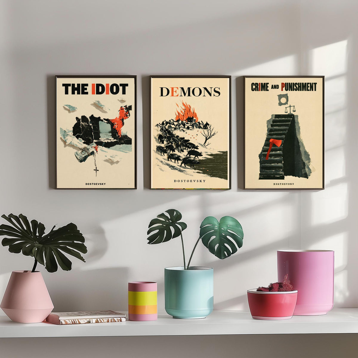 Dostoevsky Book Cover Set of Three Prints - The Idiot, Demons, Crime and Punishment - Retro Papercut Collage Illustration Posters