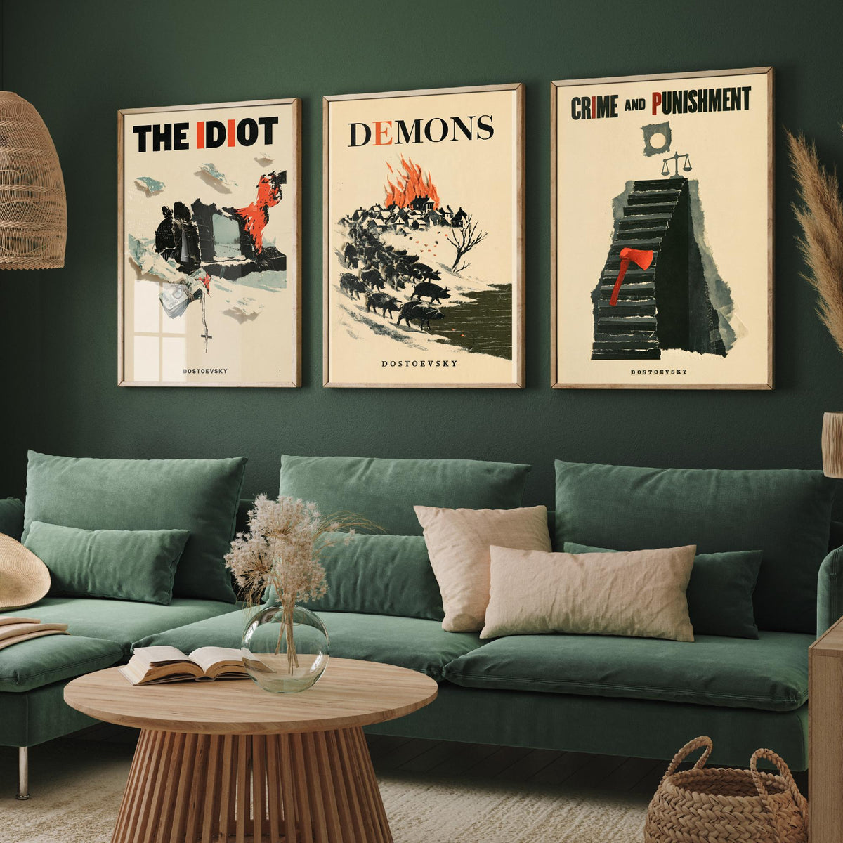 Dostoevsky Book Cover Set of Three Prints - The Idiot, Demons, Crime and Punishment - Retro Papercut Collage Illustration Posters