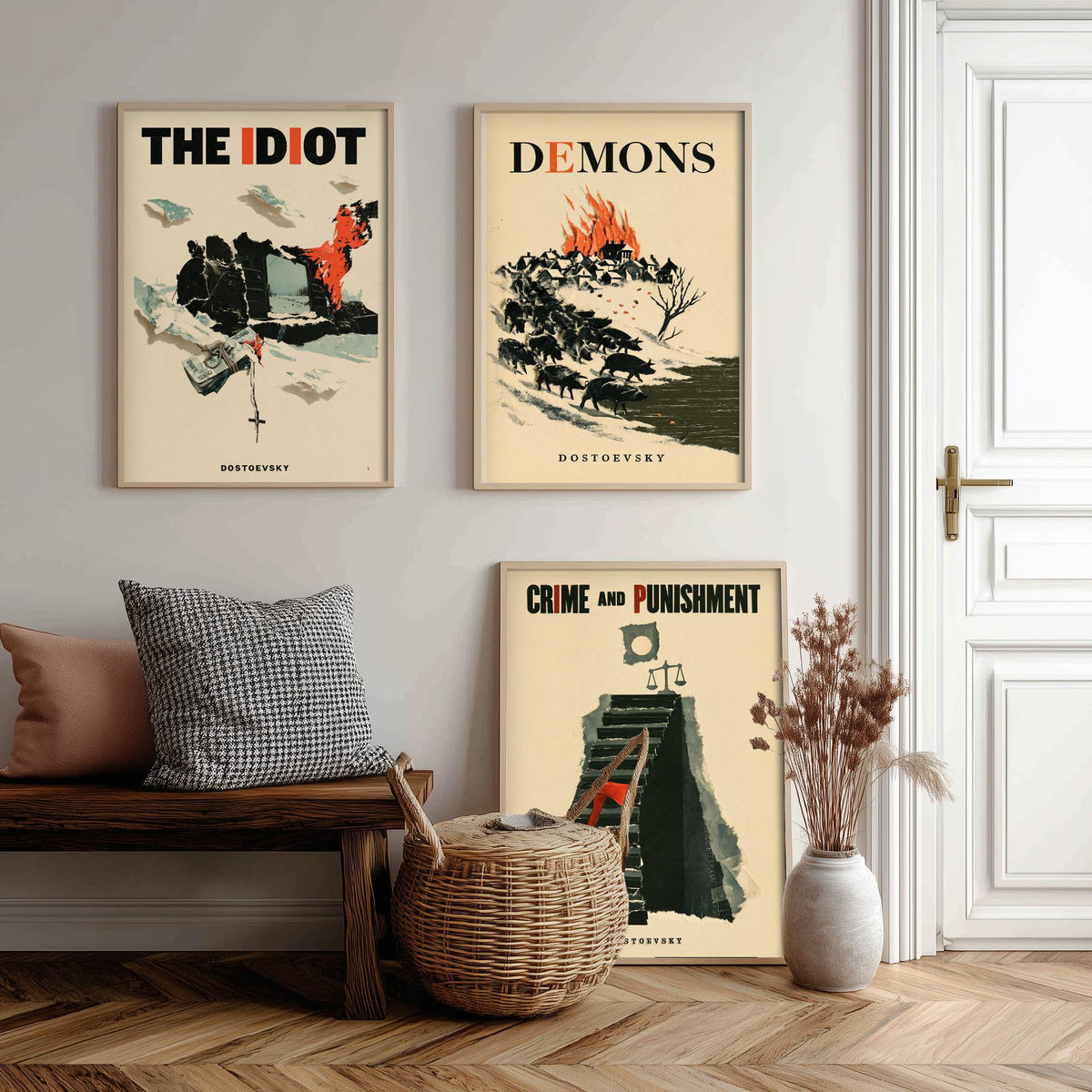 Dostoevsky Book Cover Set of Three Prints - The Idiot, Demons, Crime and Punishment - Retro Papercut Collage Illustration Posters