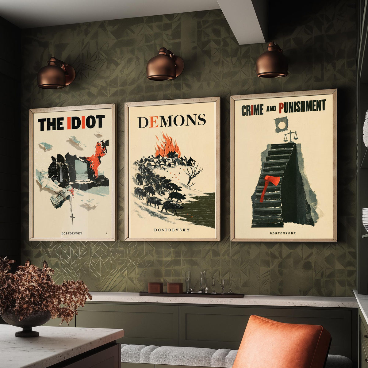 Dostoevsky Book Cover Set of Three Prints - The Idiot, Demons, Crime and Punishment - Retro Papercut Collage Illustration Posters