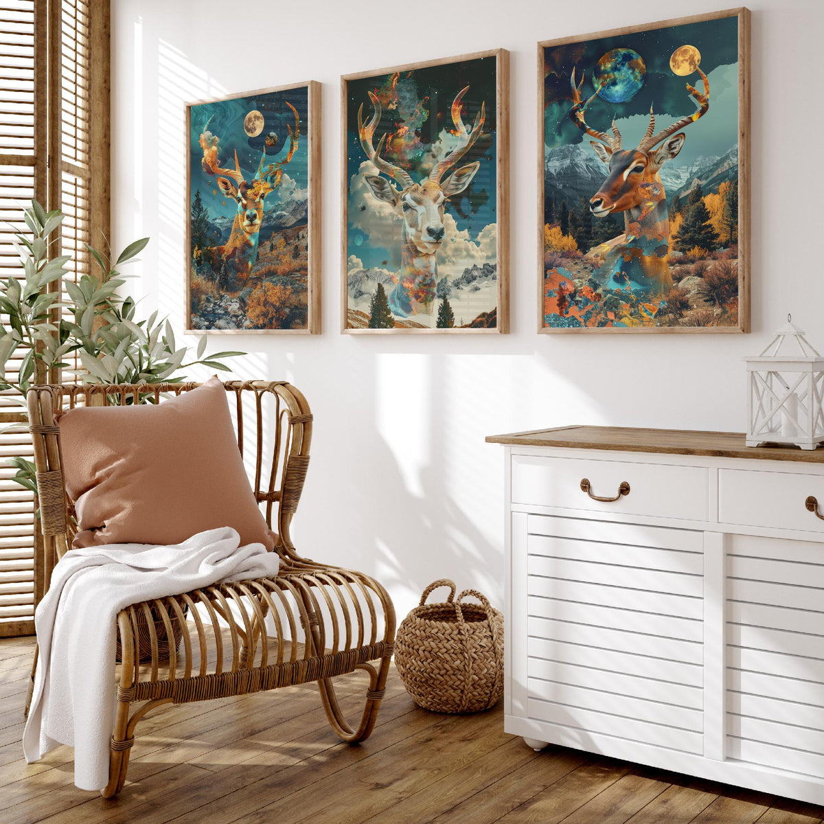 Deer and Antelope Set of Three Art Prints - 3 Double Exposure Surreal Posters - Autumn Forest Nature Wall Art Gift Painting